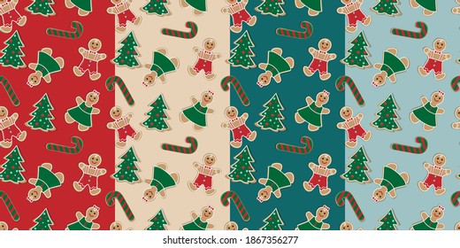 Set of patterns with Christmas gingerbread for decorative use. Bright Christmas background.