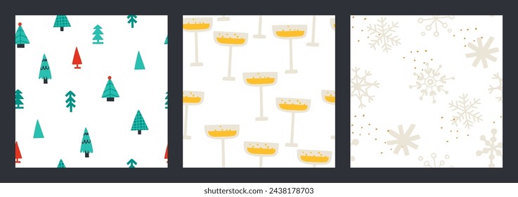 A set of patterns with Christmas motifs. Christmas, holiday, Christmas trees. Vector illustration in flat style.