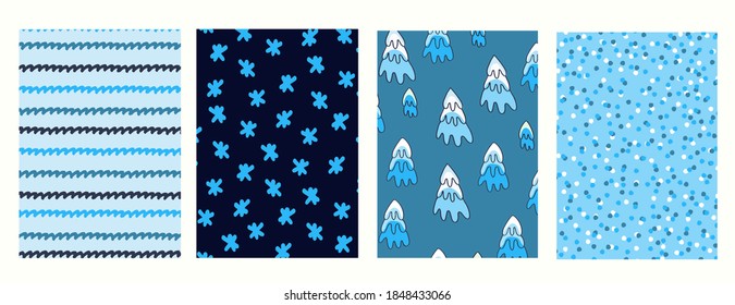 Set of patterns for Christmas, New Year gifts wrapping. Winter holidays backgrounds with snowflakes, snowy fir trees, confetti