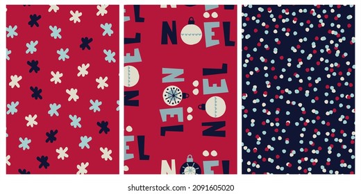 Set of patterns for Christmas, New Year, Winter Holidays gifts wrapping paper. Festive vibrant backgrounds with snowflakes, confetti the lettering Noel in French