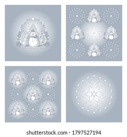 Conjunto de patrones de tema de navidad. Hombre de nieve, bosque de abetos, caída de nieve, estrella y copo. Blanco y azul. Ilustración vectorial.