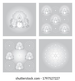 Set of patterns christmas theme. Snowman, fir forest, falling snow, star and flake. Grey and white. Vector illustration.