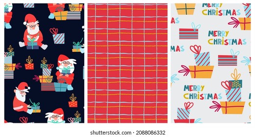 Set of patterns for Christmas wrapping paper. Festive backgrounds. Hand drawn funny Santa Claus with gift packages