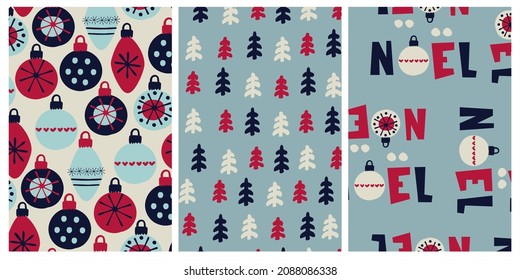 Set of patterns for Christmas wrapping paper. Festive backgrounds with Christmas trees, the lettering Noel, bauble