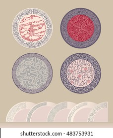 A set of patterns in a circle. Figure for plates or saucers. Thick mold filling linear pattern 
imitating lace. The circular border or frame. 
Cold color gamma.