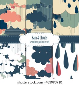 Set of patterns with clouds and rain. Rain season vector illustrations.