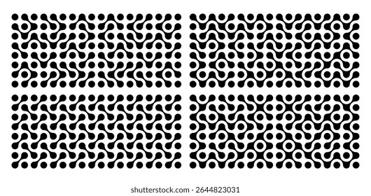 Set of patterns from connected black dots, metaball on white background. Abstract geometric figures of connected molecules. Modern vector design.