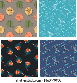 A set of patterns with construction tools. Tape measure, centimeter tape, Screwdriver, electric screwdriver, drill, self-tapping screw. Colorful set.