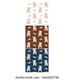 Set of patterns of cows and flowers. With different background options. Vector illustration. Brown and blue colors. Hand drawn. On white background.