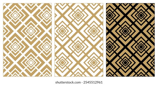 Conjunto de padrões com cruzes, listras, linhas. Plano de fundo de vetor contínuo. Branco, ouro e ornamento preto. Design gráfico reticulado moderno.