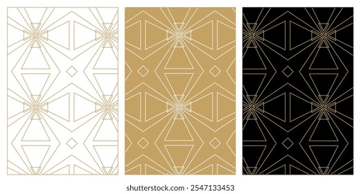 Set of patterns with crosses, stripes, lines. Seamless vector background. White, gold and black ornament. Modern reticulated graphic design.
