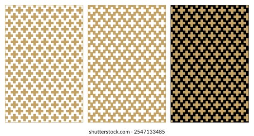 Set of patterns with crosses, stripes, lines. Seamless vector background. White, gold and black ornament. Modern reticulated graphic design.