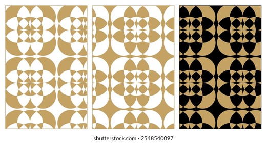 Conjunto de padrões com cruzes, listras, linhas. Plano de fundo de vetor contínuo. Branco, ouro e ornamento preto. Design gráfico reticulado moderno.