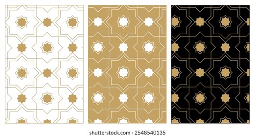 Set of patterns with crosses, stripes, lines. Seamless vector background. White, gold and black ornament. Modern reticulated graphic design.