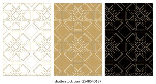 Set of patterns with crosses, stripes, lines. Seamless vector background. White, gold and black ornament. Modern reticulated graphic design.