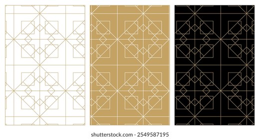 Set of patterns with crosses, stripes, lines. Seamless vector background. White, gold and black ornament. Modern reticulated graphic design.