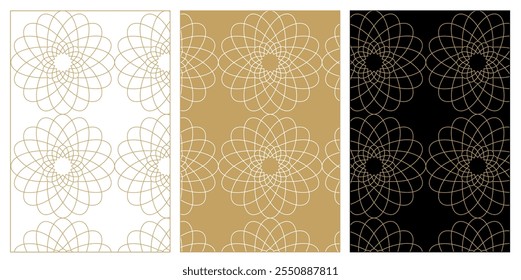 Set of patterns with crosses, stripes, lines. Seamless vector background. White, gold and black ornament. Modern reticulated graphic design.