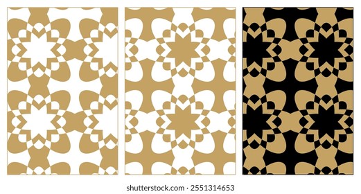 Set of patterns with crosses, stripes, lines. Seamless vector background. White, gold and black ornament. Modern reticulated graphic design.