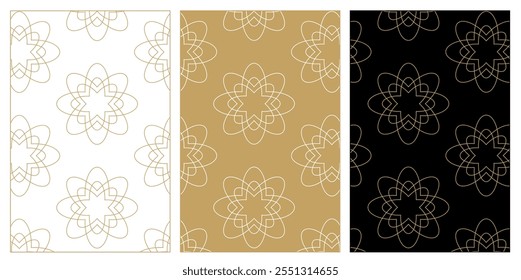 Set of patterns with crosses, stripes, lines. Seamless vector background. White, gold and black ornament. Modern reticulated graphic design.