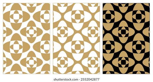 Conjunto de padrões com cruzes, listras, linhas. Plano de fundo de vetor contínuo. Branco, ouro e ornamento preto. Design gráfico reticulado moderno.