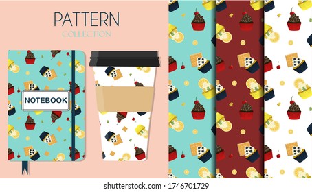 A set of patterns with cupcakes with cherries, chocolate, lemon, berries and waffles. Flat illustration of trendy retro cupcakes with different toppings. Patterns on a Notepad and coffee Cup as an