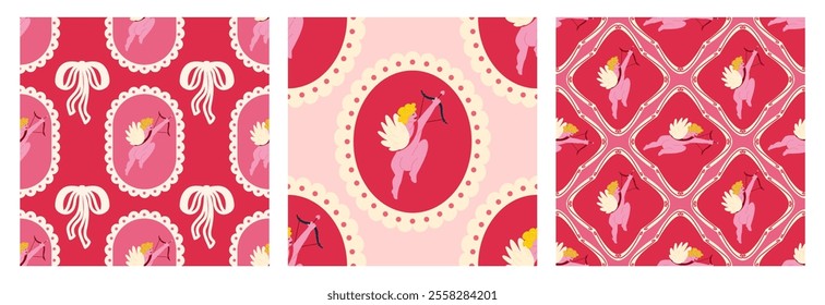 A set of patterns with a cupid in a retro style. Romantic vintage seamless patterns with cupid.