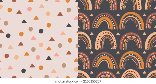 Set of patterns with cute rainbows in boho style. Vector rainbows and geometric shapes in simple childish hand-drawn Scandinavian style in pastel colors. Children's clothing design, gift wrapping.