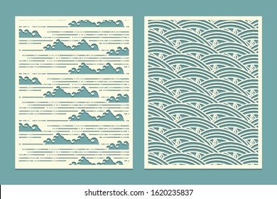 Set of patterns for cutting. Sea waves in Oriental style. Decor Metal cutting or wood carving, panel design stencil for fretwork paper art card background or interior decor Vector illustration.