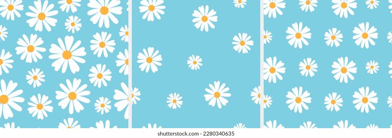 A set of patterns with daisies on a blue background