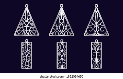 A set of patterns of decorative earrings in the form of a triangle and an elongated rectangle with openwork patterns. Suitable for cutting and printing