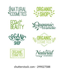 Set of patterns for design logos, stamps, stickers for organic and natural cosmetics. Floral elements and text. Vector.
