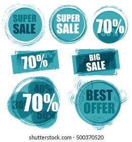 set of patterns for design shares, discounts, sales  and special offers for the stores (Black Friday for example) and other businesses in grunge style and turquoise color