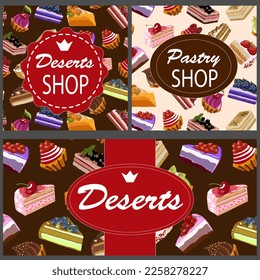 Conjunto de patrones con postres.Conjunto vectorial de banners con postres dulces y marcos con texto.