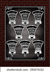 set of patterns of different types of pizza with ingredients for menu