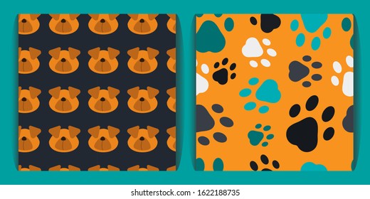 set of patterns with dog. seamless pattern of dog head silhouette. multi-colored traces of pets on a yellow background. brown dog on a dark gray background. for print, paper, wallpaper, fabric