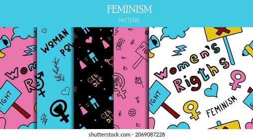 Set of patterns doodle signs of feminism, women s rights. Grunge hand drawn vector icons of Feminism protest symbols A rally to fight for voting rights