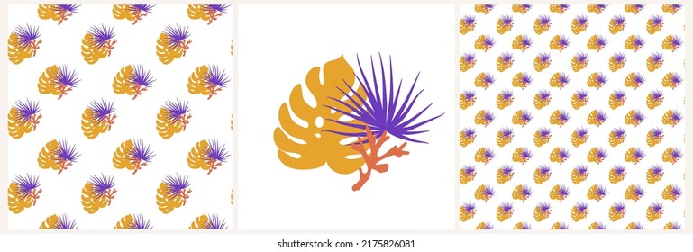 Set of patterns and elements with tropical plants and leaves. Exotic floral texture with palm trees, monstera, branches on a white background. For textiles, clothing, linen, wrapping paper