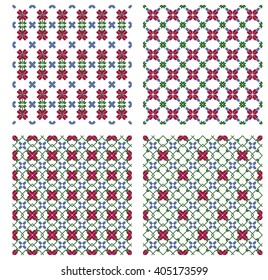 Set of patterns for embroidery. Pixel Mosaic. Red, blue, green color. Vector Image. For textile and light industry, design, printing, presentations.