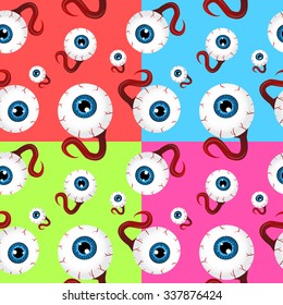 Set of patterns with eyeballs. Seamless pattern. Green, pink, blue and red backgrounds with human eyeballs. Funny horror background. Cartoon pattern.