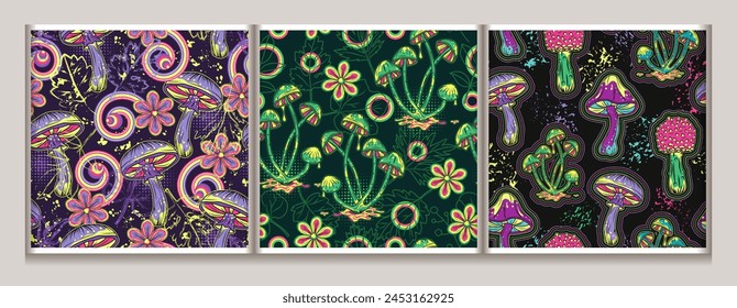 Set of patterns with fantasy mushrooms in psychedelic style. Bright neon fluorescent colors. For apparel, fabric, textile, surface design