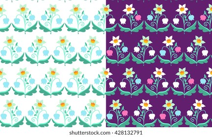 Set of  patterns with flowers. Beautiful vector illustration. Narcissus and lily of the valley.