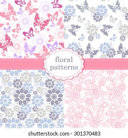 Set of patterns of flowers and butterflies in pastel pink and blue tones. Set of seamless vector patterns.