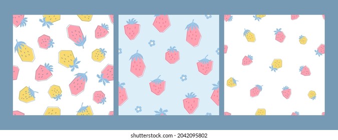 Set patterns with fresh yellow and pink strawberries in pastel colors. Background with summer berries. Illustration in flat style for kids clothing, textiles, wallpaper. Vector