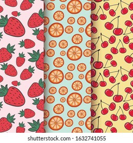 Set of patterns with a fruit pattern. Vector color illustration in cartoon style. Vector drawing of strawberries, oranges and cherries.