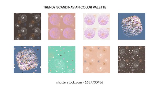 Set patterns of geometric colored shapes Trendy Scandinavian color palette modern background