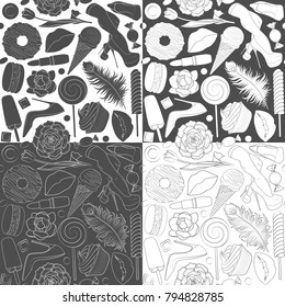 Set of patterns glamorous female illustrations. Black and white vector seamless pattern.