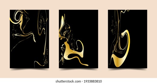 Conjunto de patrones con líneas curvas doradas y onduladas. Ilusión óptica de distorsión espacial. Diseño de vectores para banner, volante, invitación, portada, tarjeta de visita.