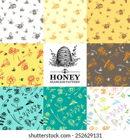 Set of patterns and graphic for honey packaging. Vector