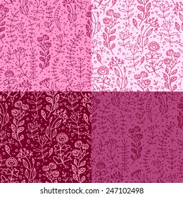 Set patterns of grass and leaves, autumn theme. Vector pattern. Pink
