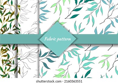 Conjunto de patrones hojas verdes dibujadas sobre un fondo blanco, patrón caótico natural para tela y papel pintado